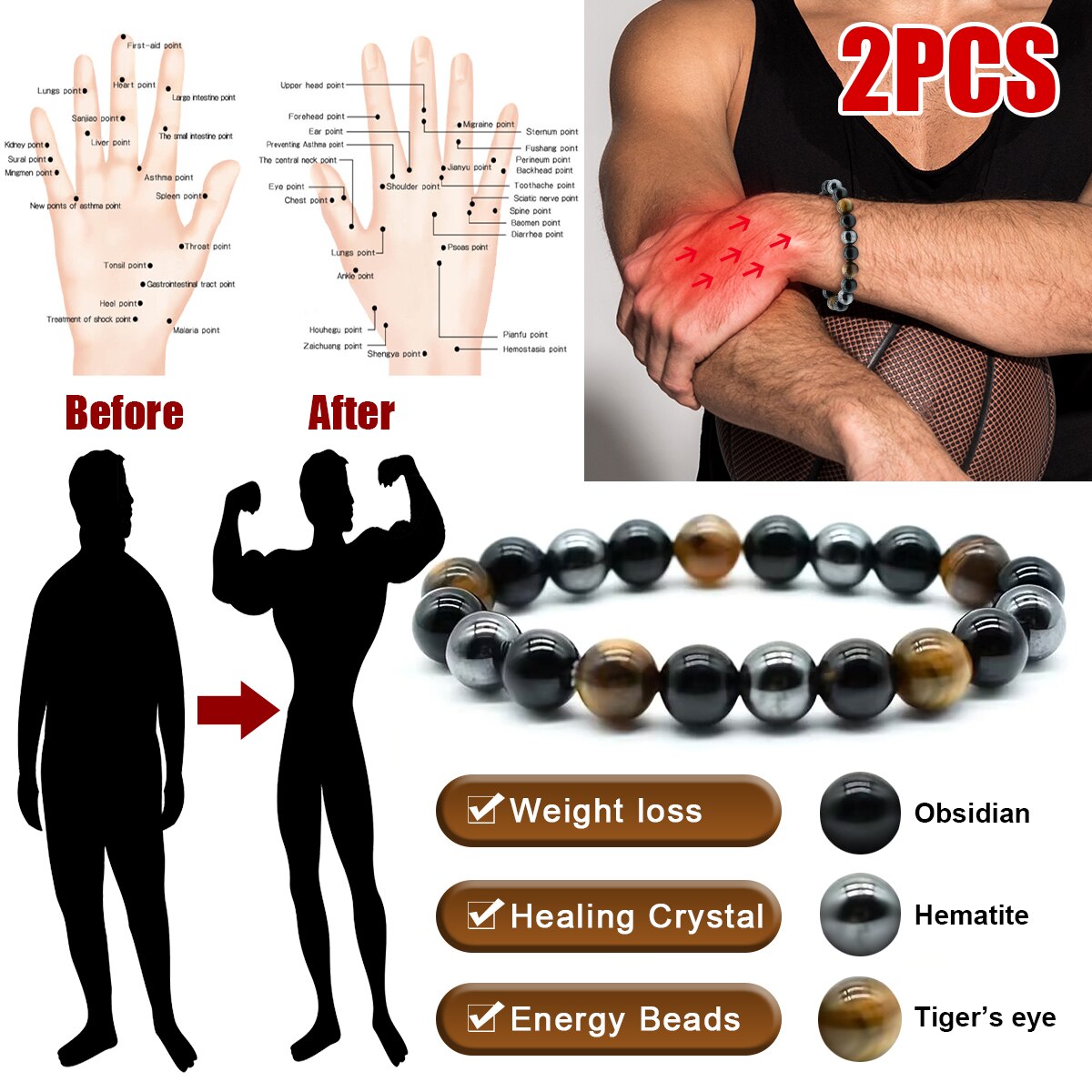 Coordinates Bracelet - 2 sztuk/zestaw potrójna bransoletka ochronna-oko tygrysa,